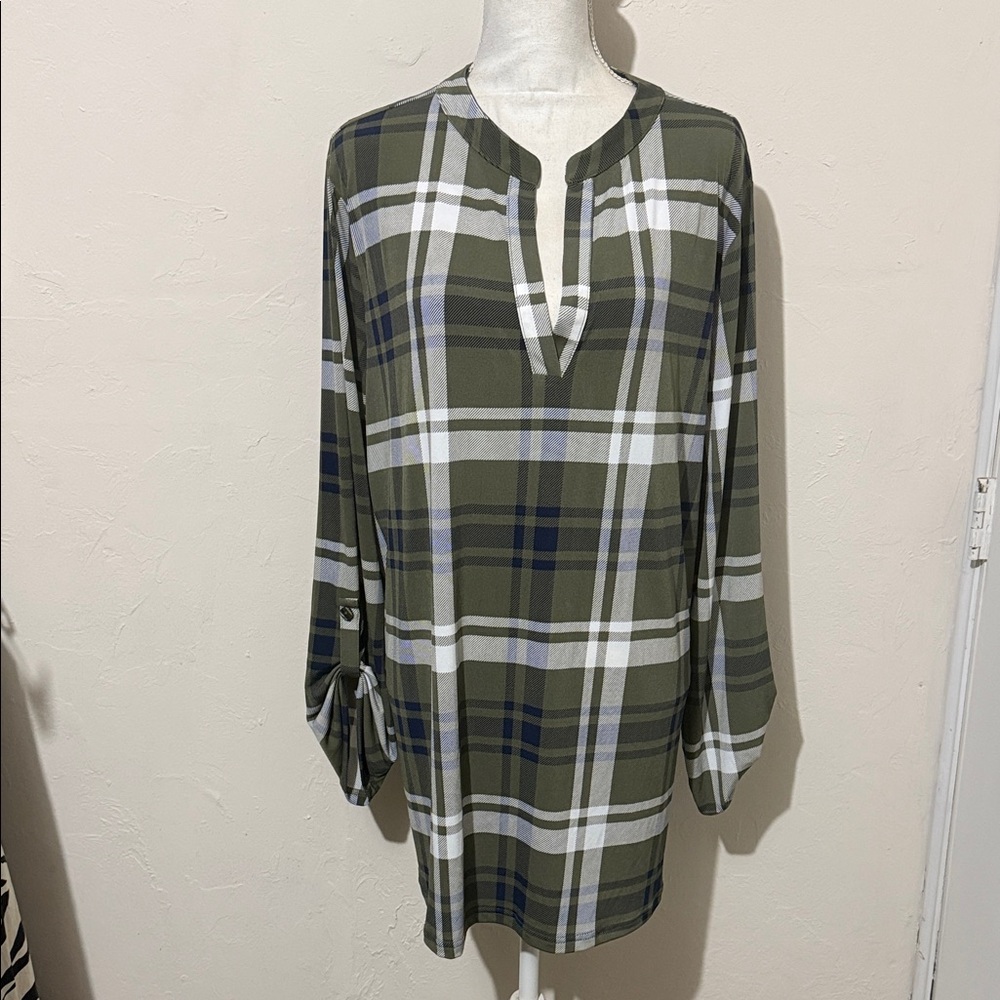Iman Plaid Green and White Tunic Top